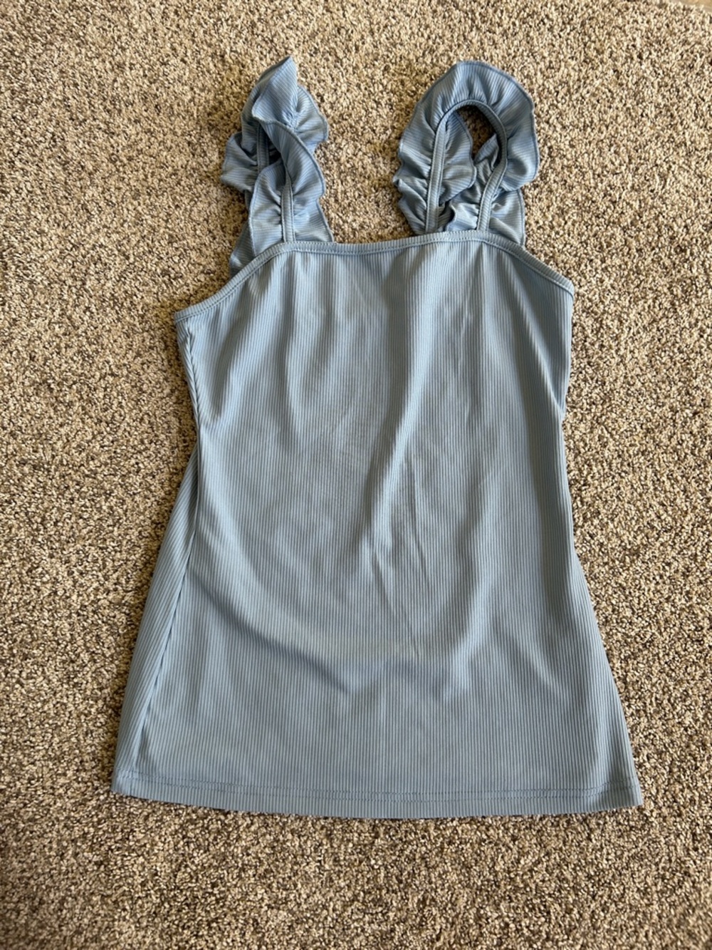Ruffled Strap Ribbed Tank Top - Light Blue